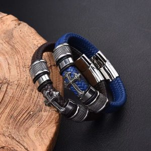 Herr Armband i Svart Stål & Läder (Kors)